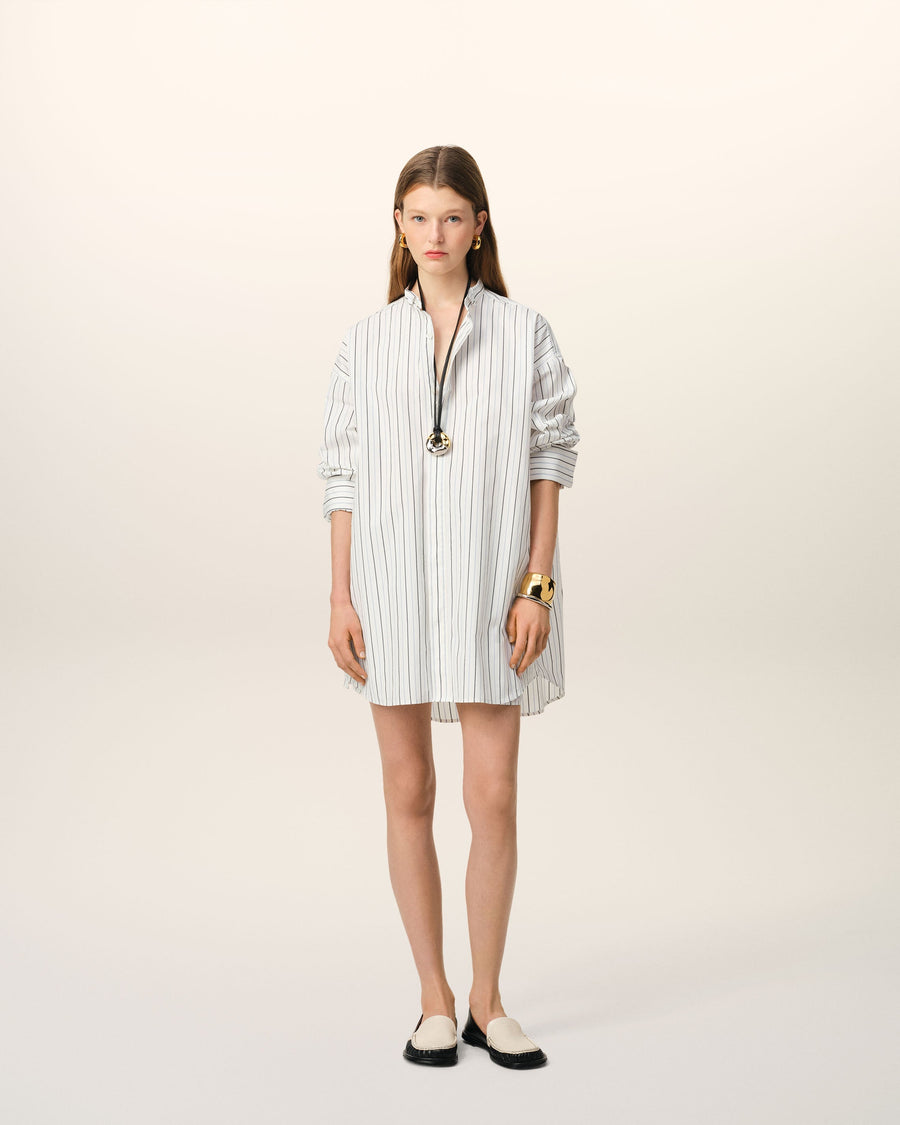 White And Blue Cotton Wingtip Collar Oversized Shirt