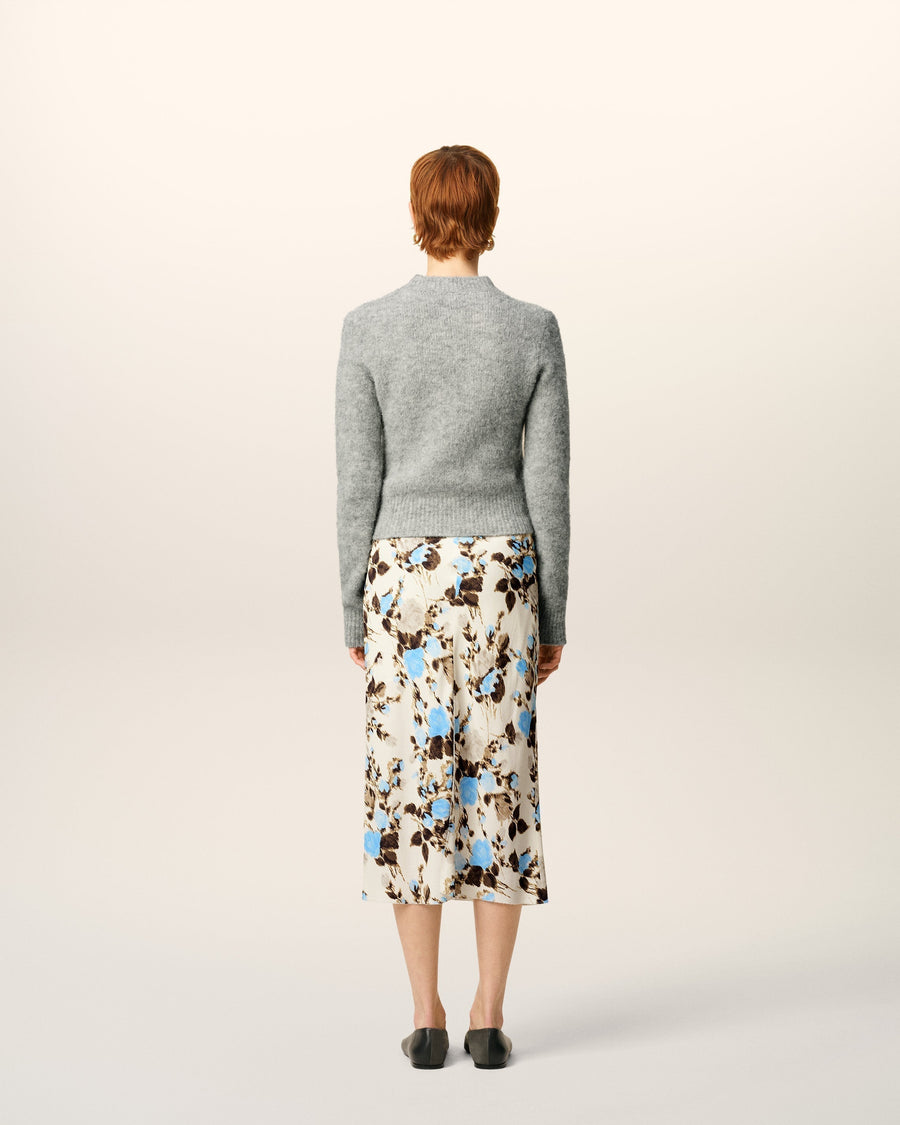 Blue Flower Printed Raw Edges Details Midi Skirt