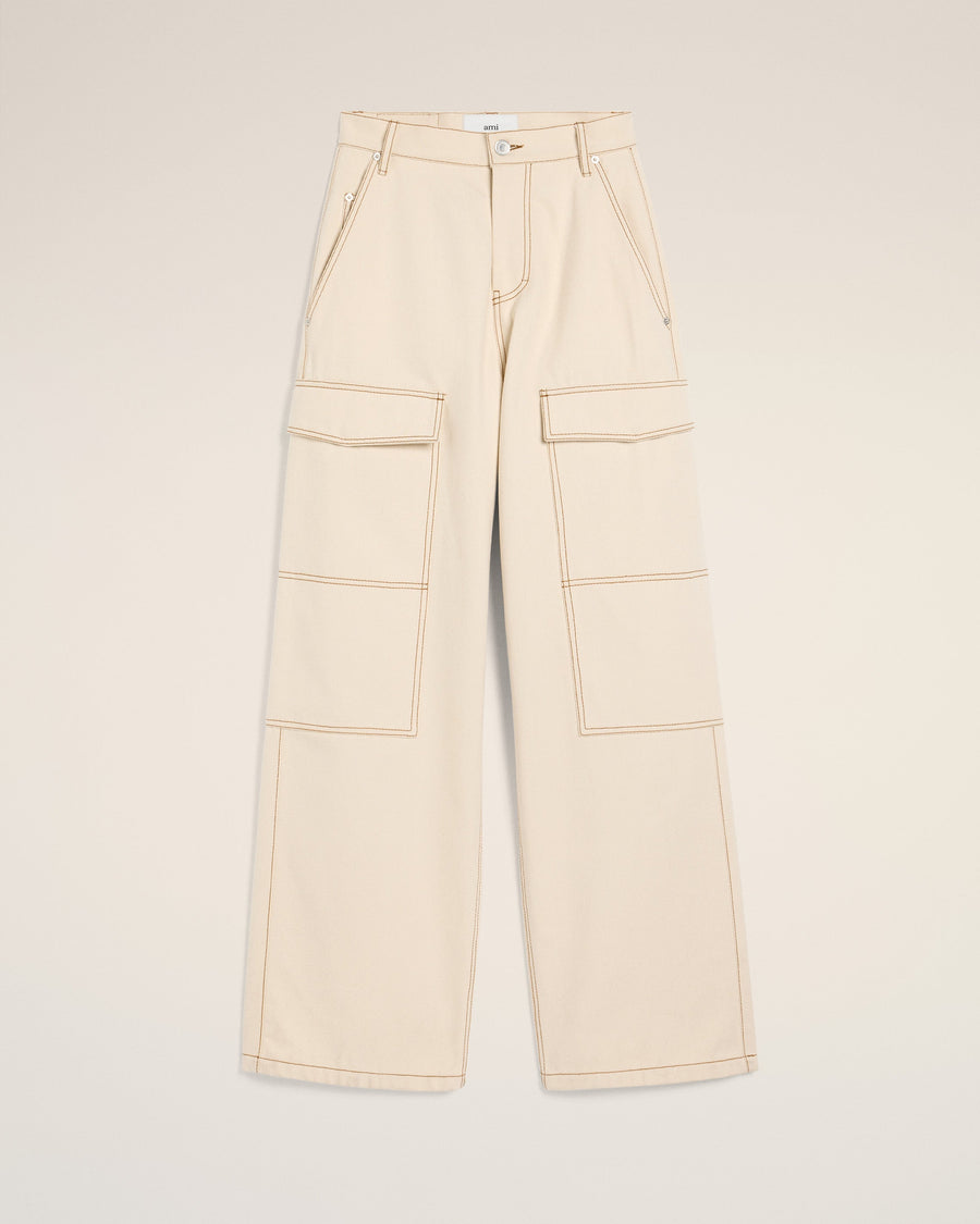 Beige Cotton Cargo Wide Fit Jeans