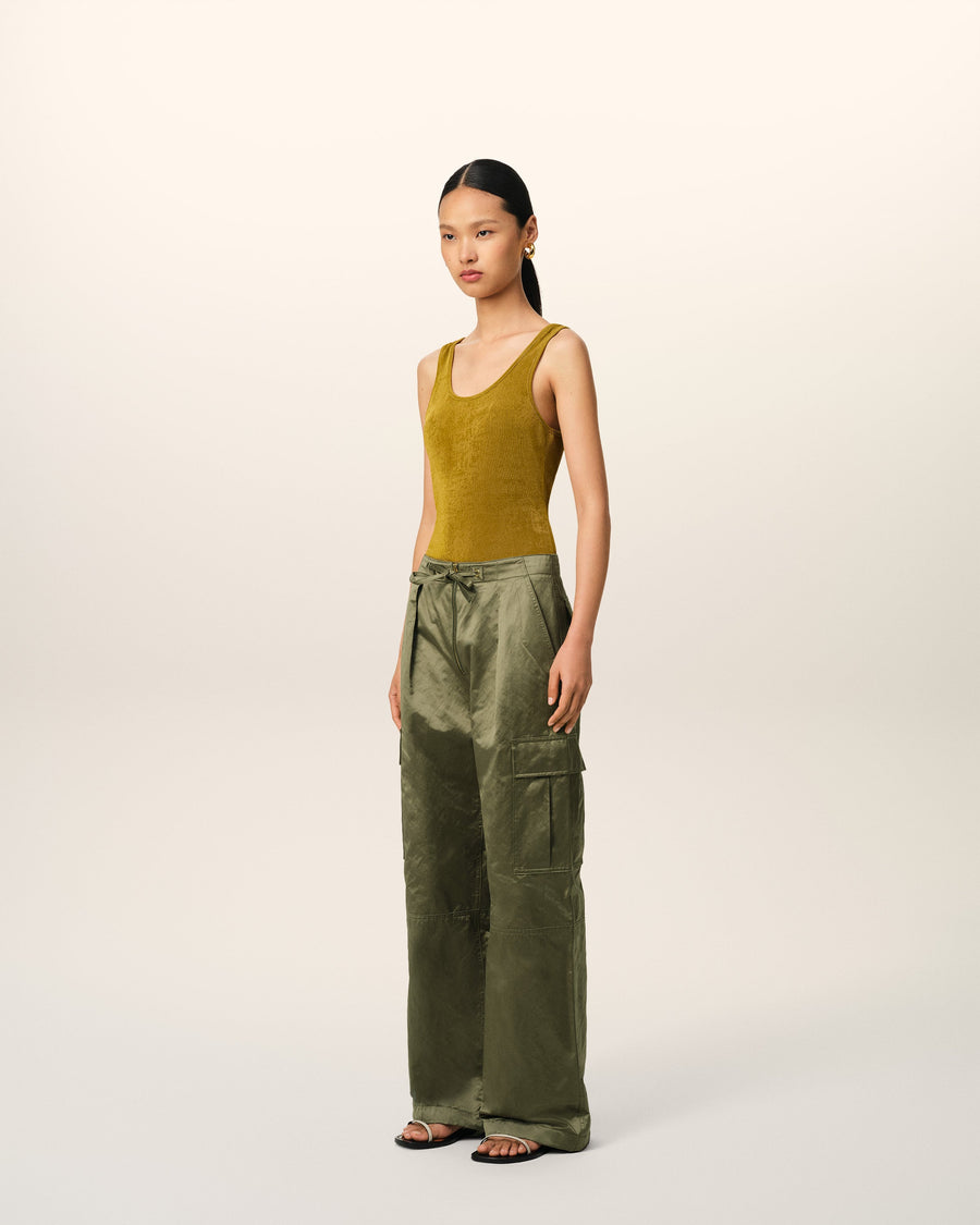 Green Cotton Satin Zipped Cargo Trousers