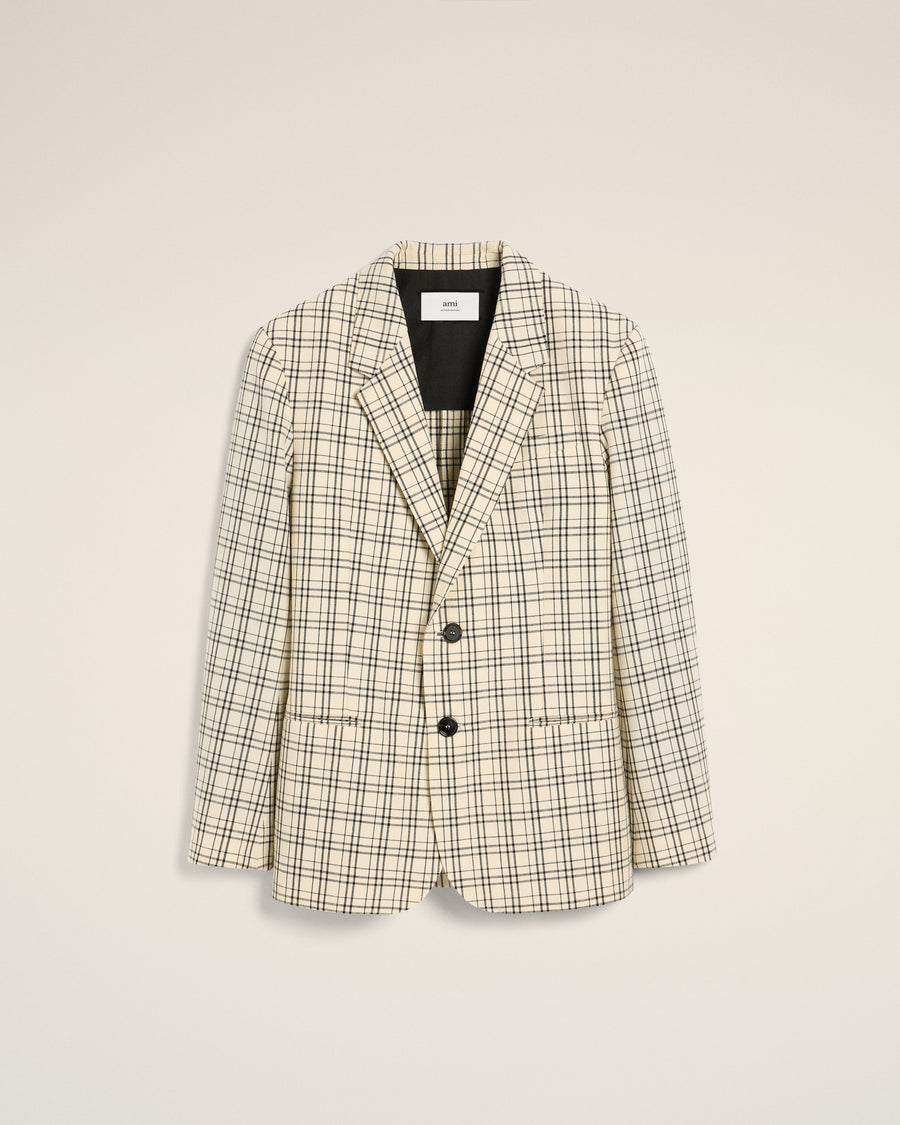 Beige Checked Wool Semi-Lined Jacket