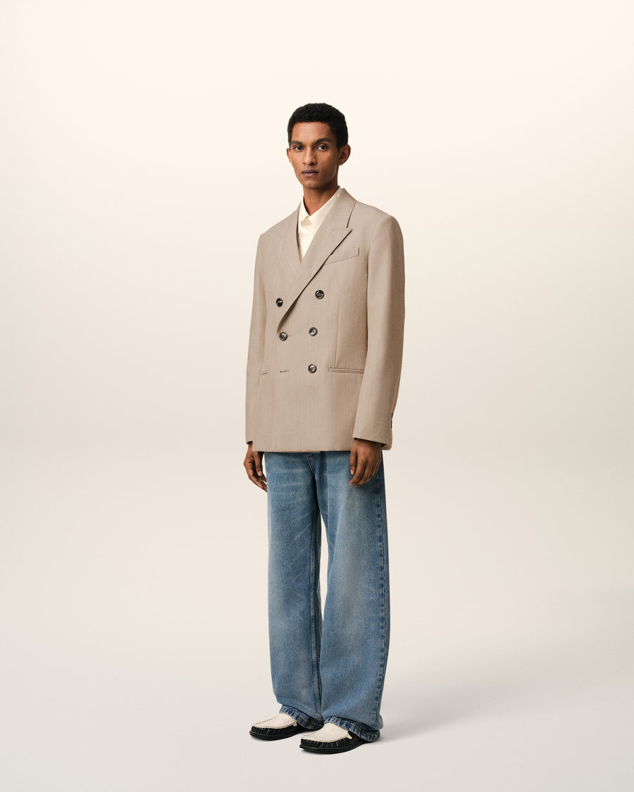 Beige Wool Back Slit Double Breasted Jacket