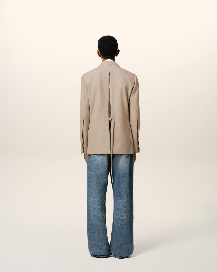 Beige Wool Back Slit Double Breasted Jacket