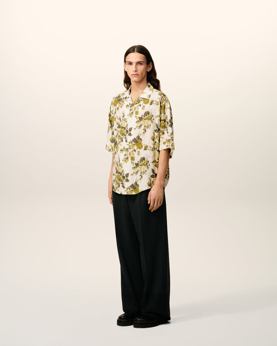 Green Flower Printed Short Sleeved Ami Camp Shirt