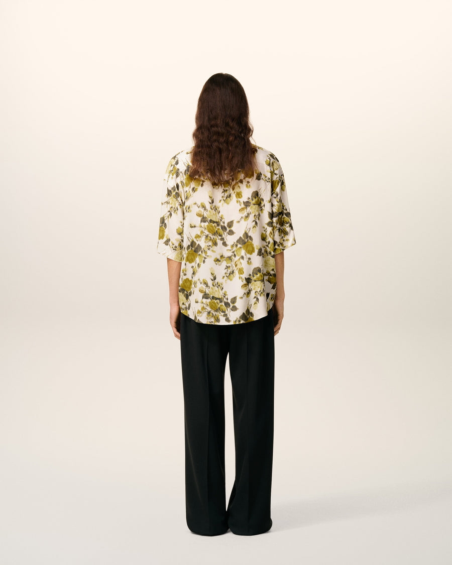 Green Flower Printed Short Sleeved Ami Camp Shirt