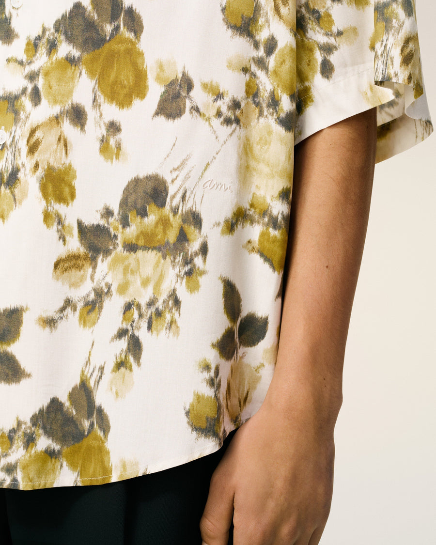 Green Flower Printed Short Sleeved Ami Camp Shirt