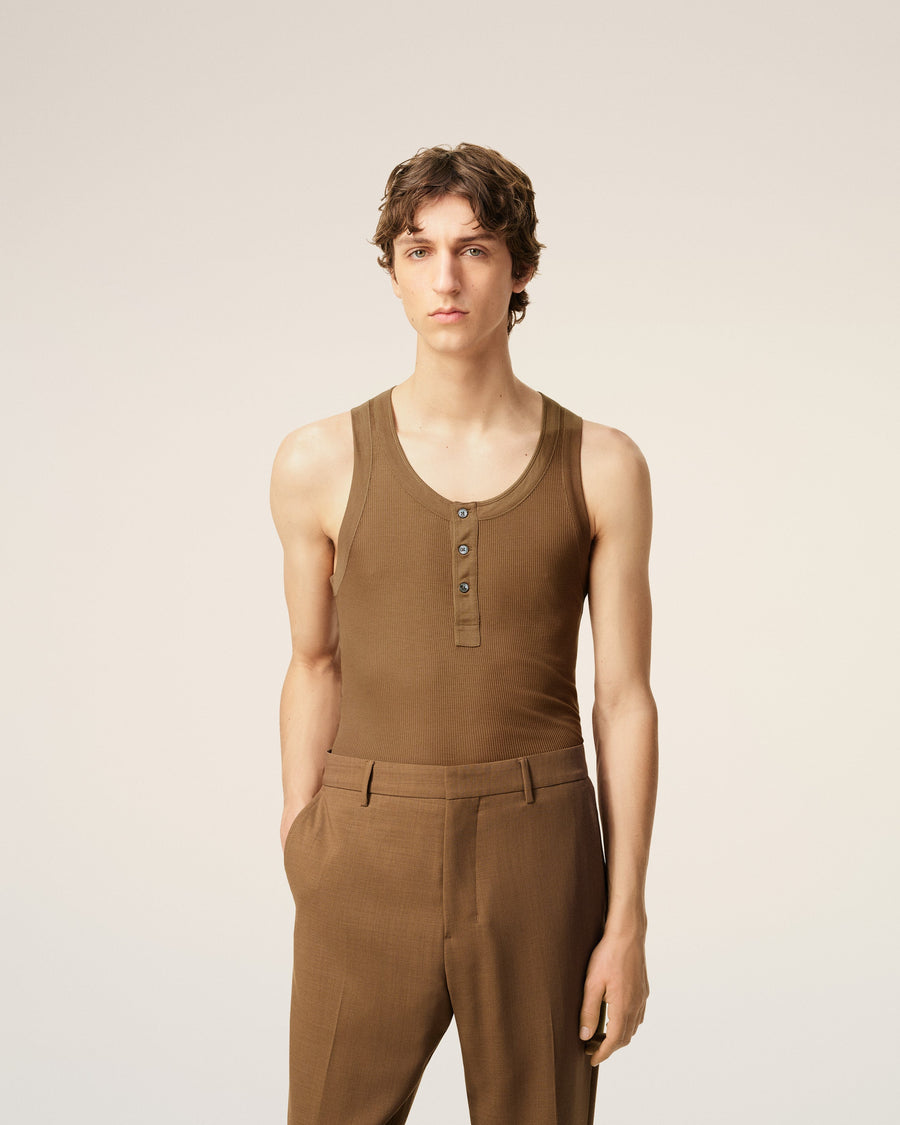 Brown Jersey Buttoned Placket Tanktop