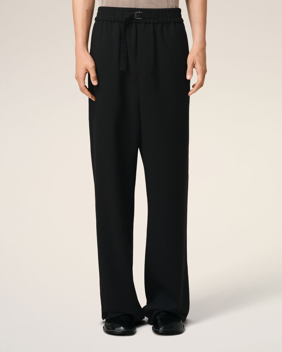 Black Wool Straight Fit Elasticated Trousers