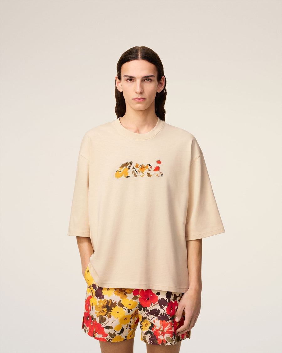 Beige Cotton Floral Ami Patch T-Shirt