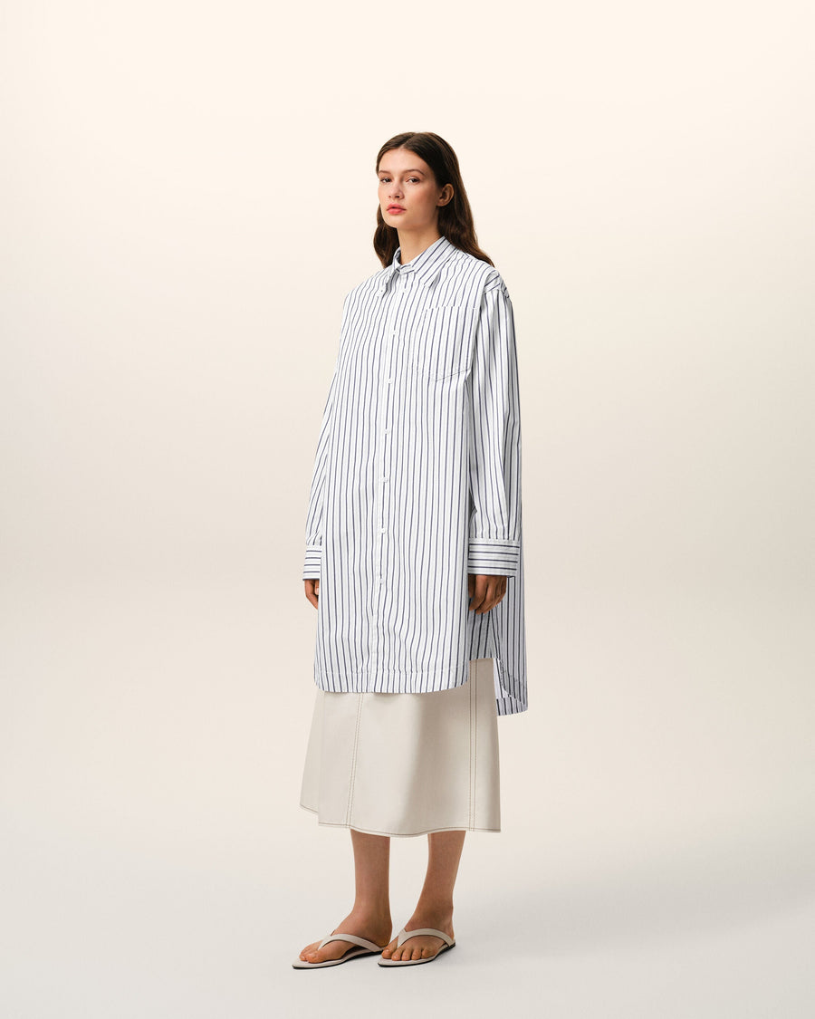 White Striped Cotton Ami De Coeur Wide Shirt Dress