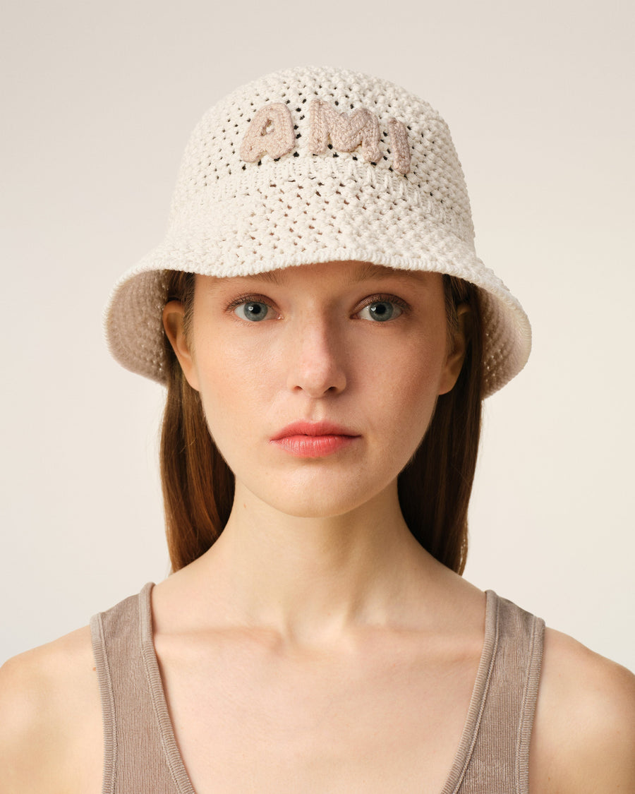 Beige Knit Ami Patch Bucket Hat