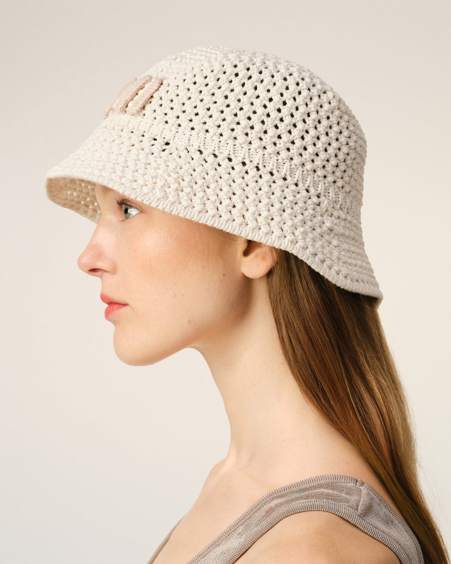 Beige Knit Ami Patch Bucket Hat