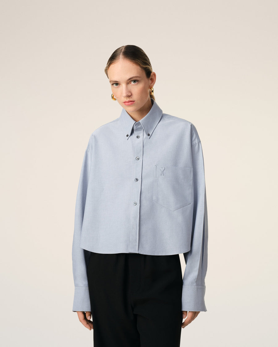 Blue Cotton Button-Down Cropped Oversized Shirt