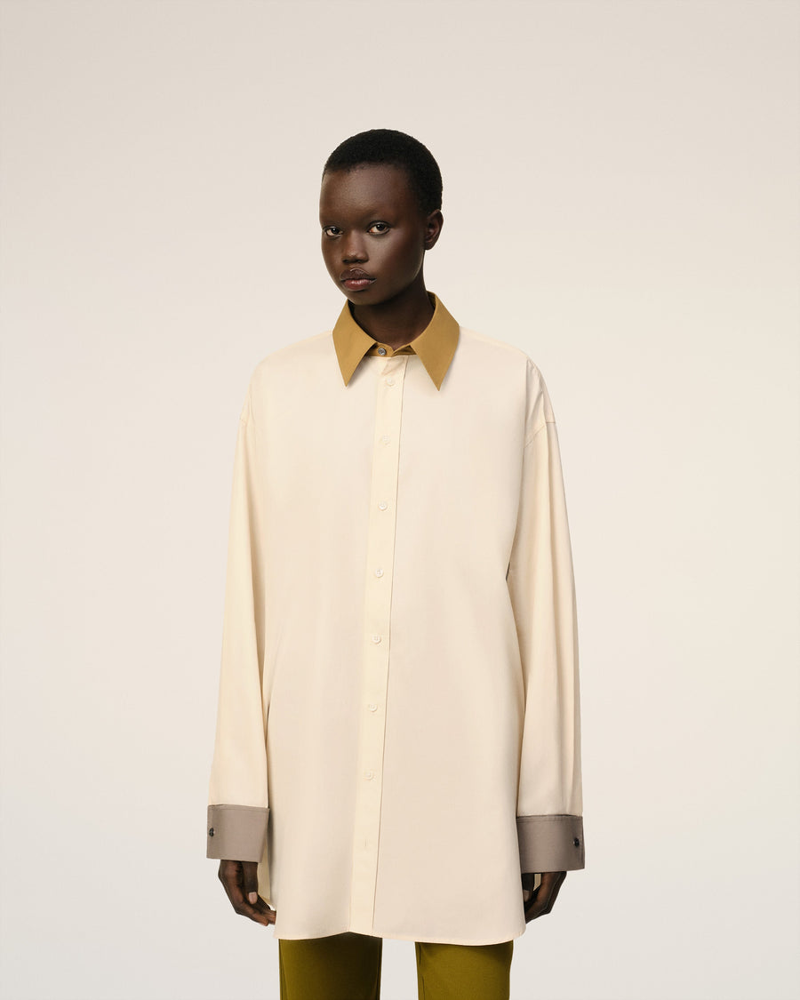 Beige Cotton Classic Collar Loose Shirt