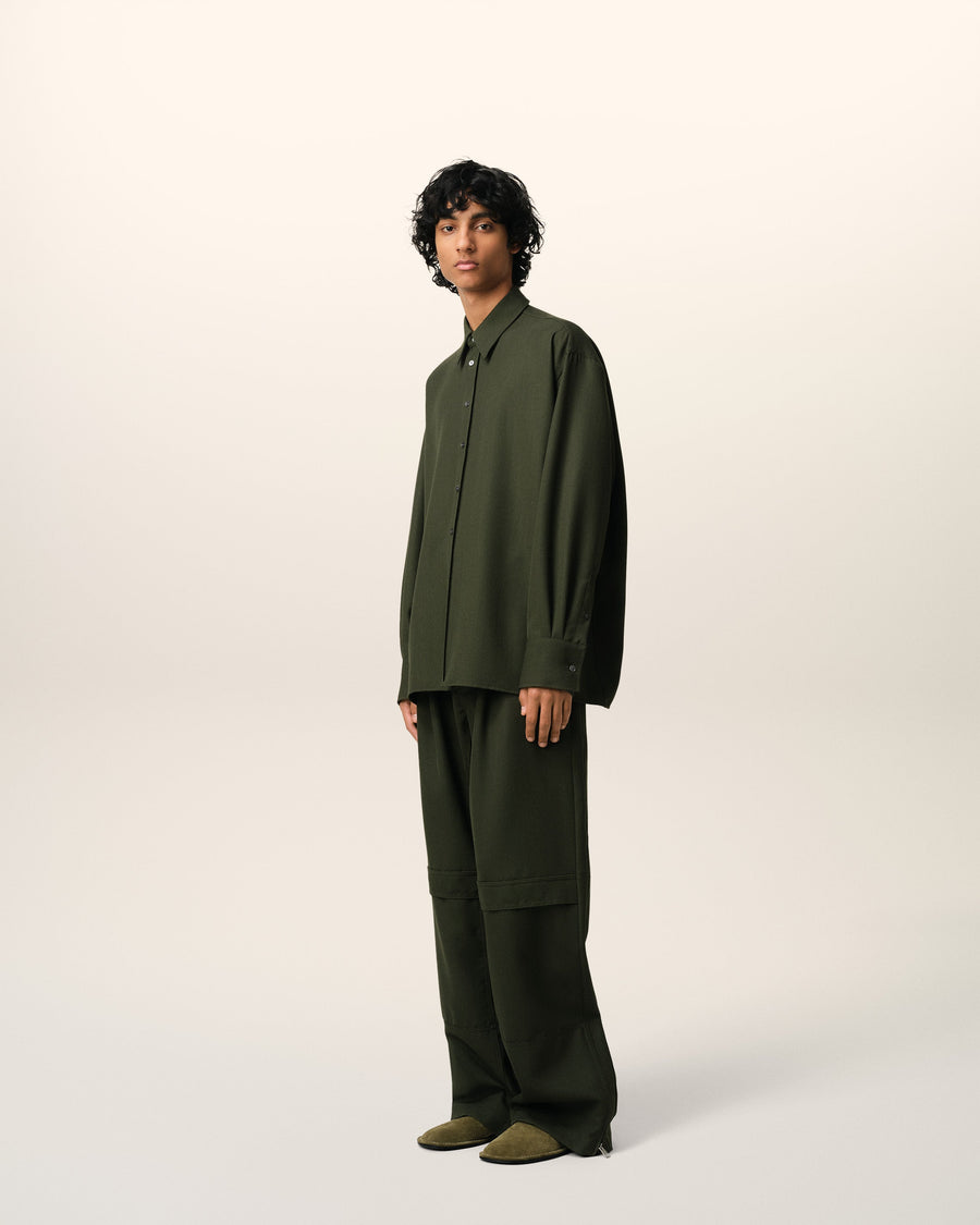 Green Wool Back Slit Loose Shirt