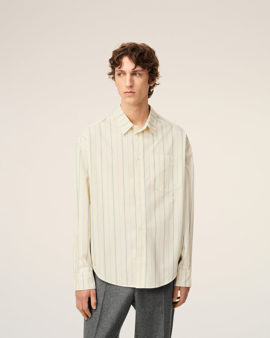 Beige Cotton Boxy Fit Striped Shirt
