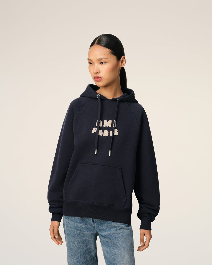 Navy Cotton Hoodie With Ami Paris Patch