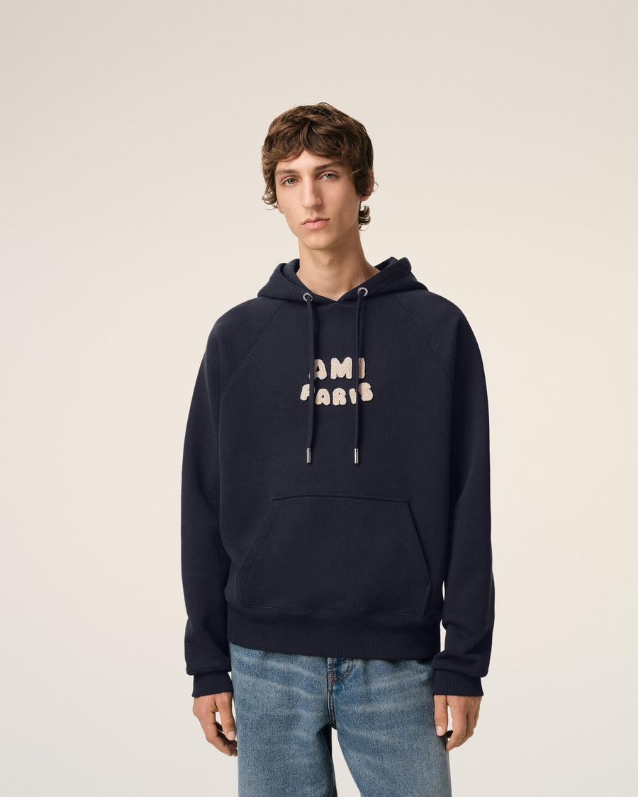Navy Cotton Hoodie With Ami Paris Patch