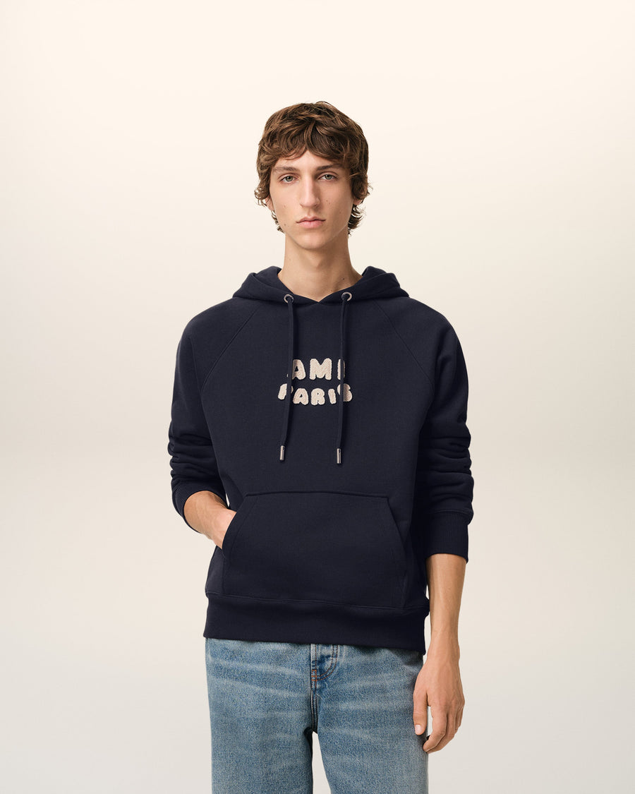 Navy Cotton Hoodie With Ami Paris Patch