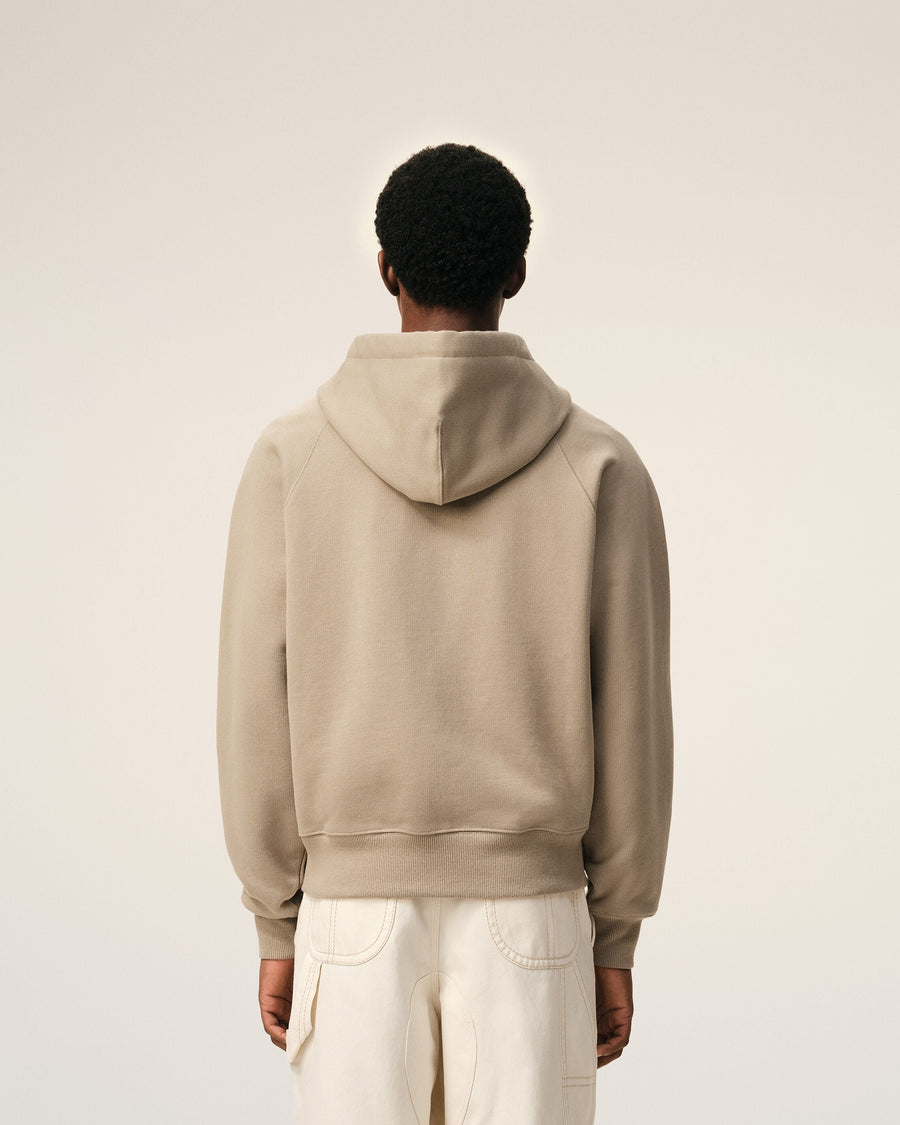 Beige Cotton Embossed Ami De Coeur Zipped Hoodie