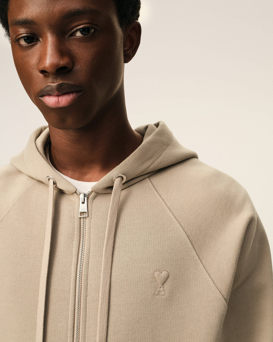 Beige Cotton Embossed Ami De Coeur Zipped Hoodie