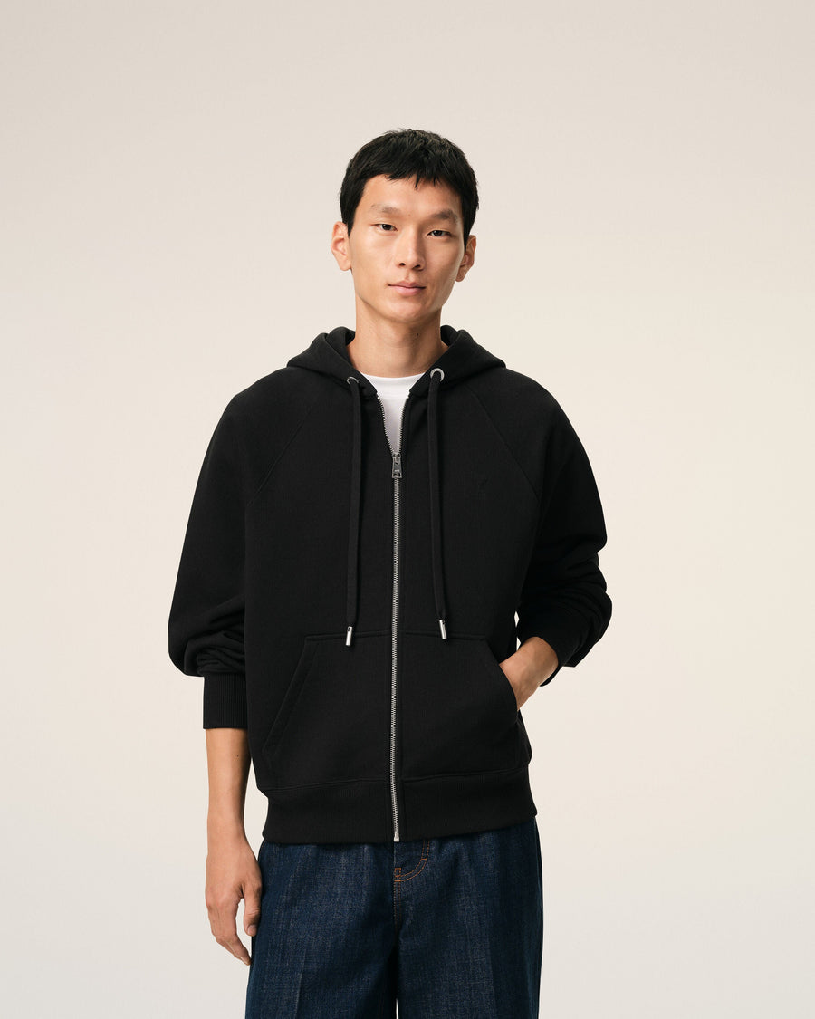 Black Cotton Embossed Ami De Coeur Zipped Hoodie