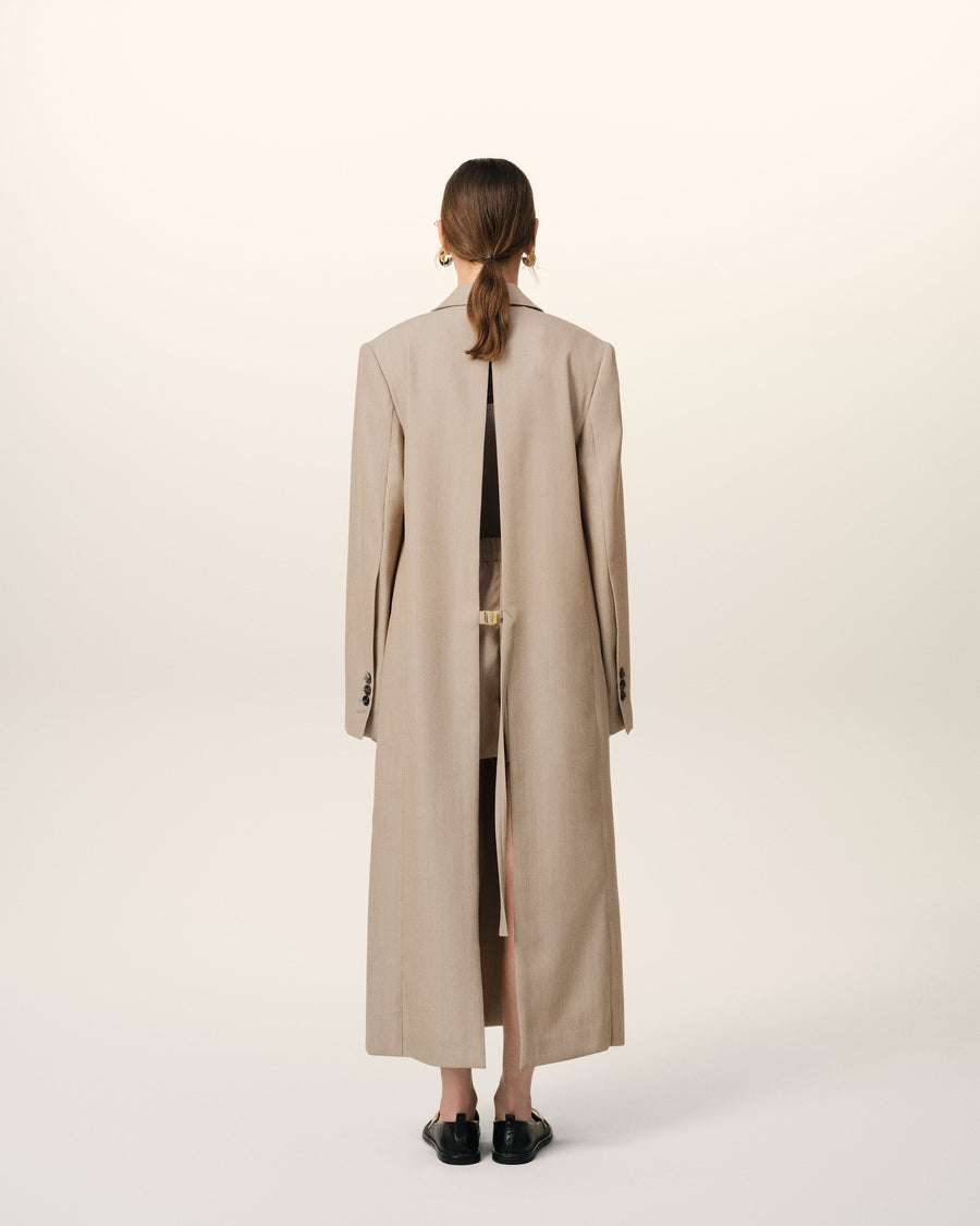 Beige Wool Back Slit Long Coat