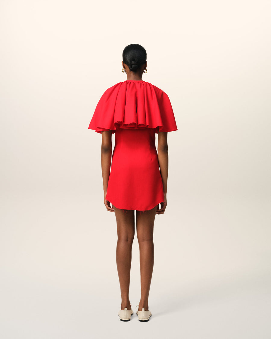 Red Wool Shirt Dress With Ruff