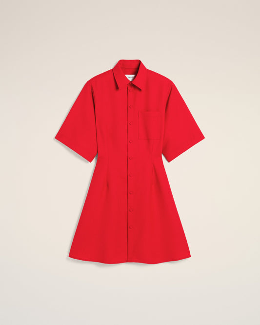 Red Wool Short Sleeve Shirt Dress