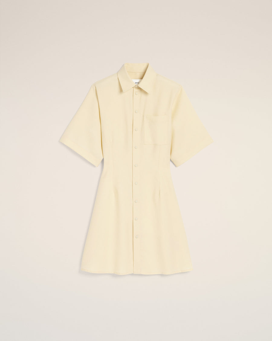 Yellow Wool Short Sleeve Shirt Dress