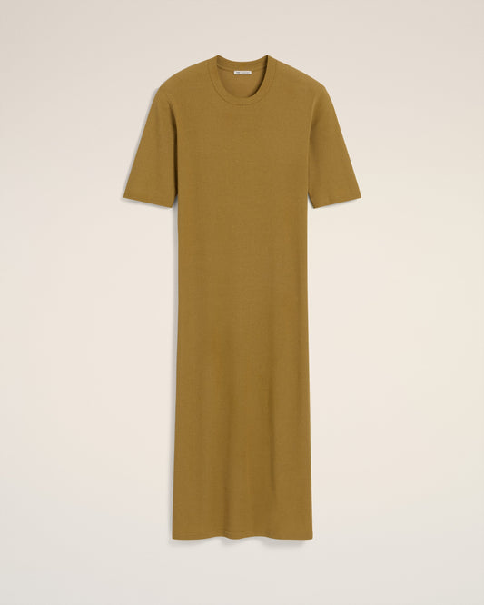 Mustard Cotton Short Sleeve Midi Dress