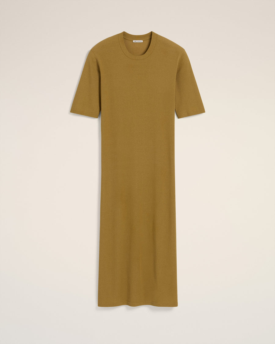 Mustard Cotton Short Sleeve Midi Dress