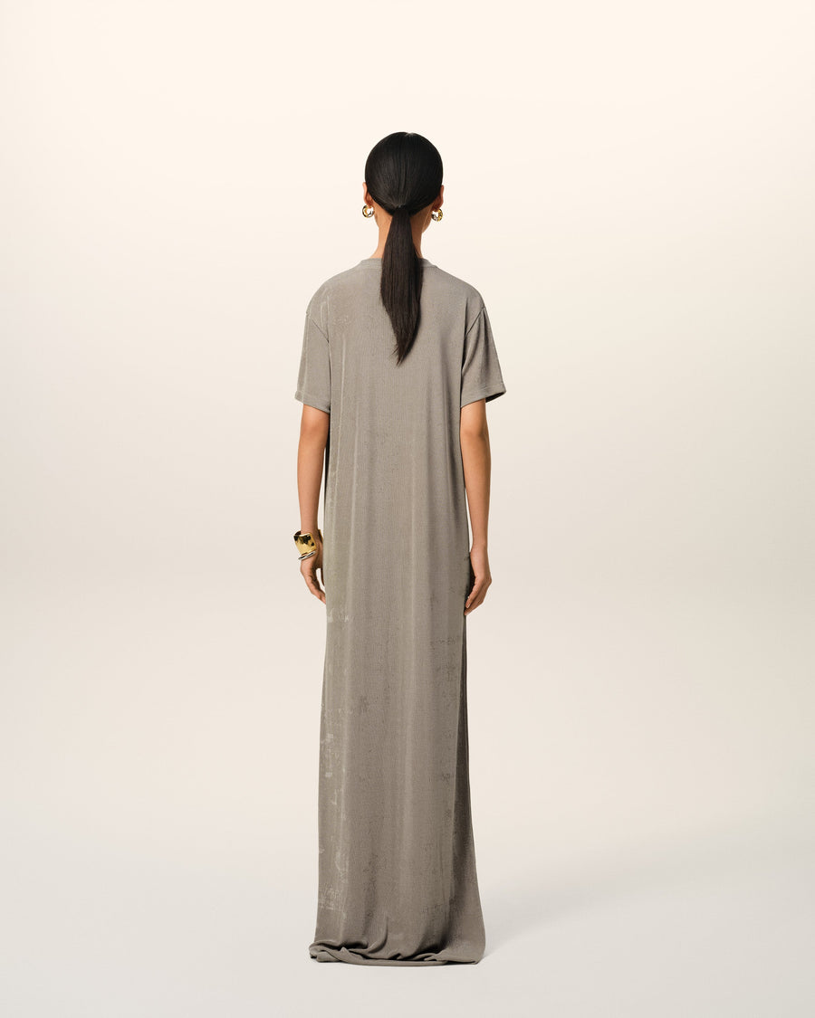Beige Rib Jersey Short Sleeve Long Dress