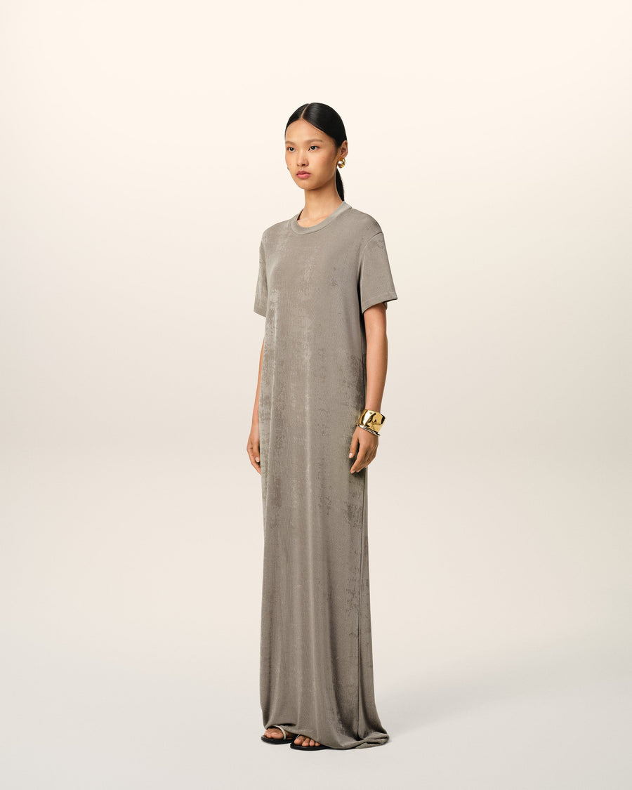 Beige Rib Jersey Short Sleeve Long Dress