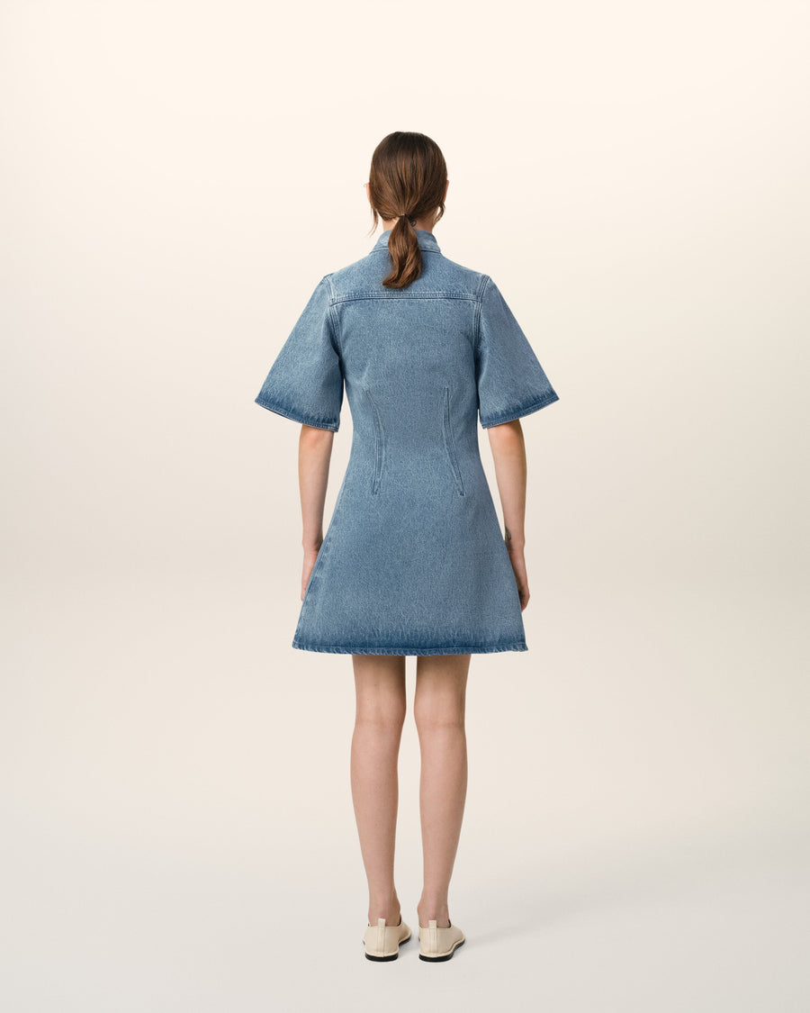 Blue Cotton Short Sleeve Shirt Dress