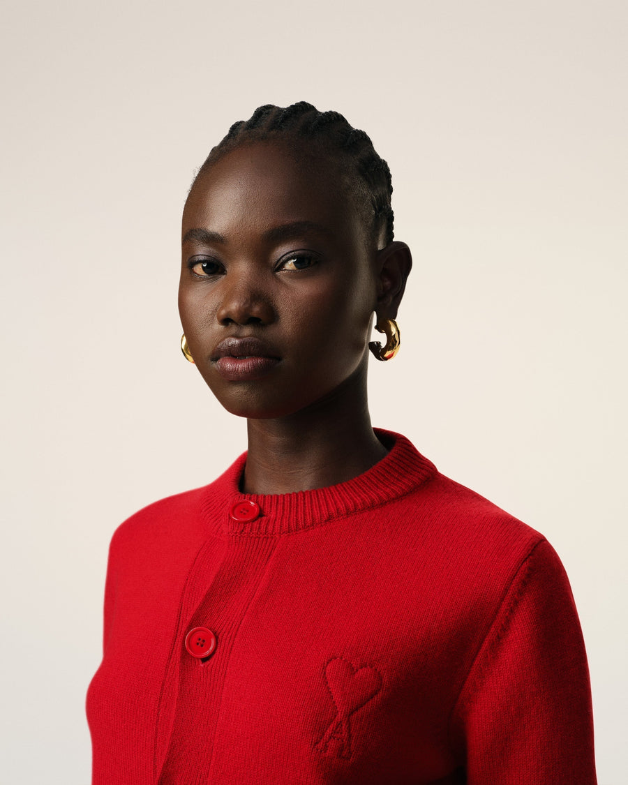 Red Wool Knit Ami de Coeur Crewneck Cardigan