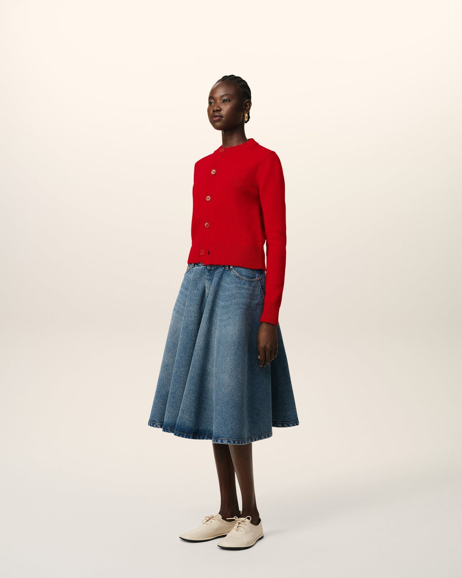 Red Wool Knit Ami de Coeur Crewneck Cardigan