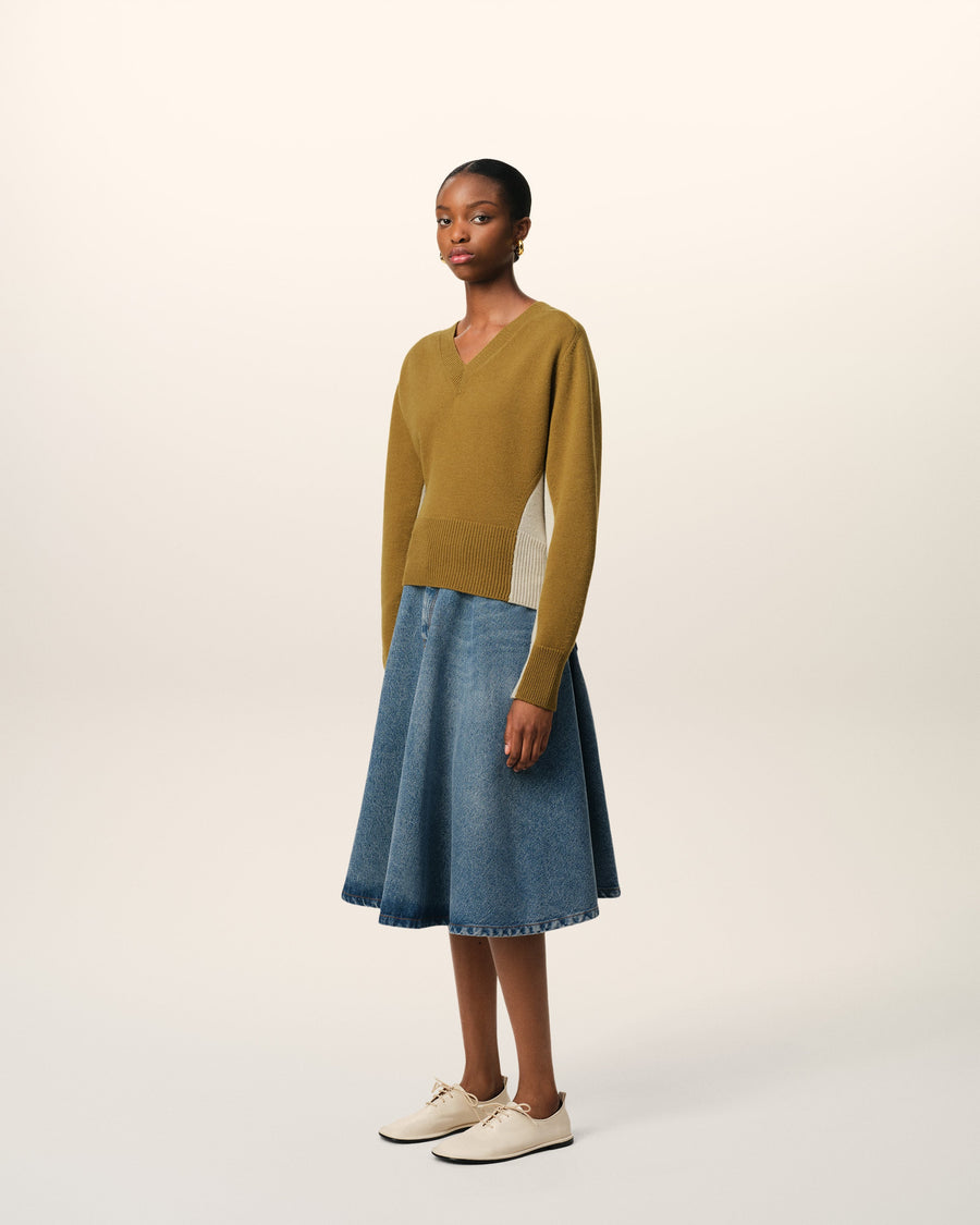 Khaki Wool Knit Bicolor V Neck Sweater