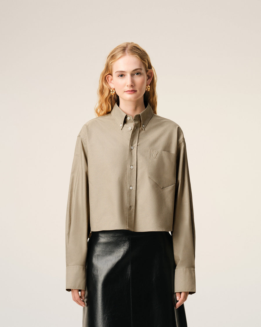 Beige Cotton Cropped Embossed Ami De Coeur Shirt