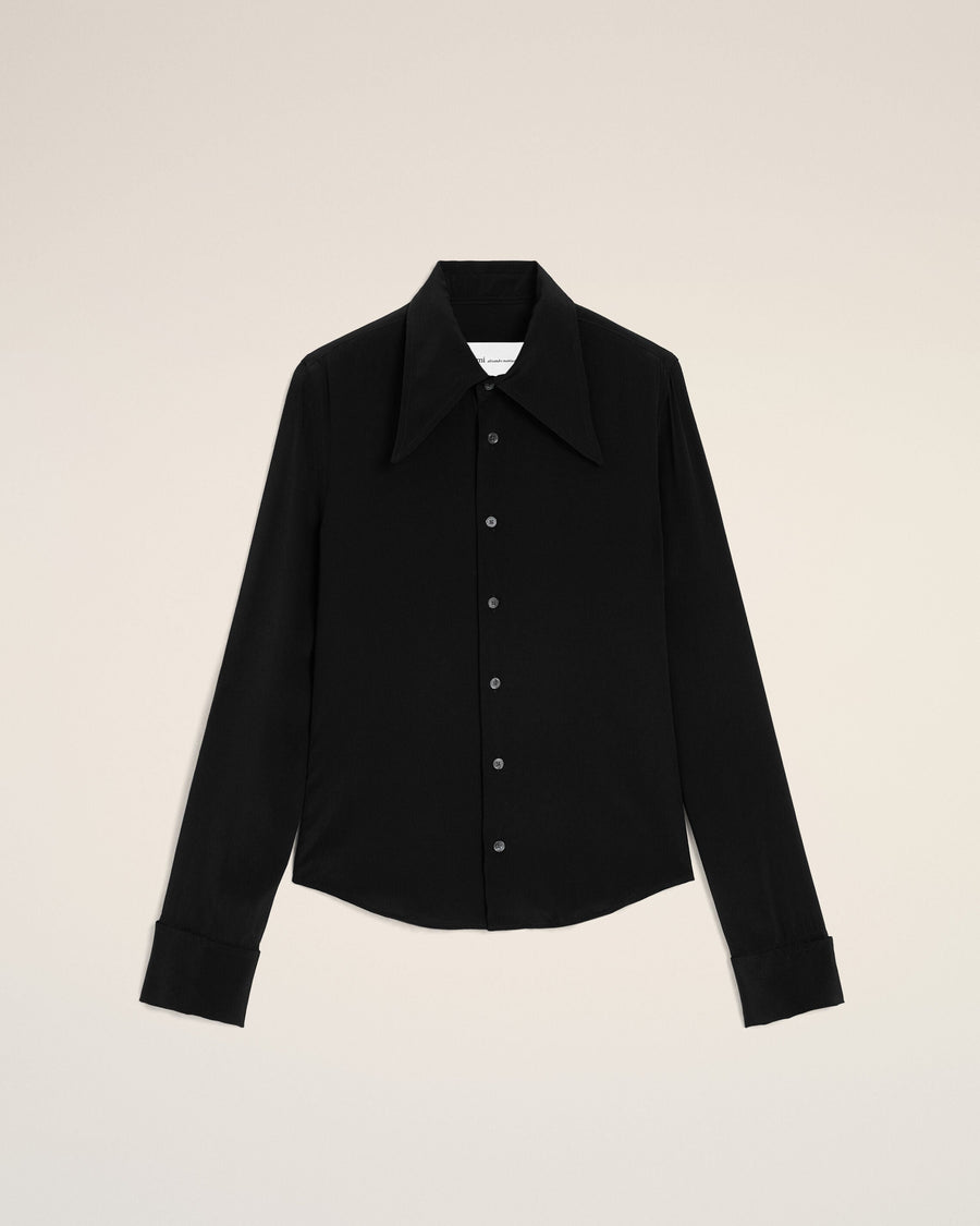 Black Blended Silk Sharp Collar Adjusted Shirt