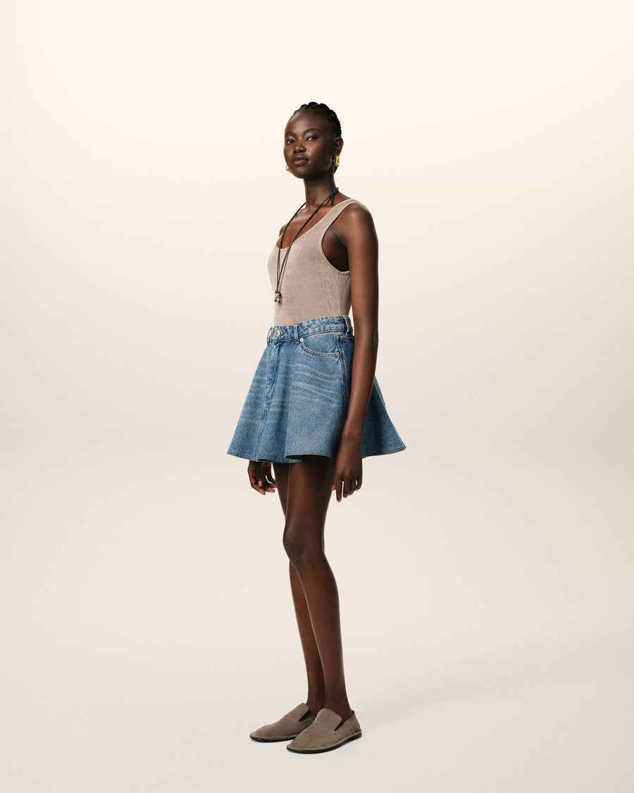Blue Cotton Flare Mini Skirt