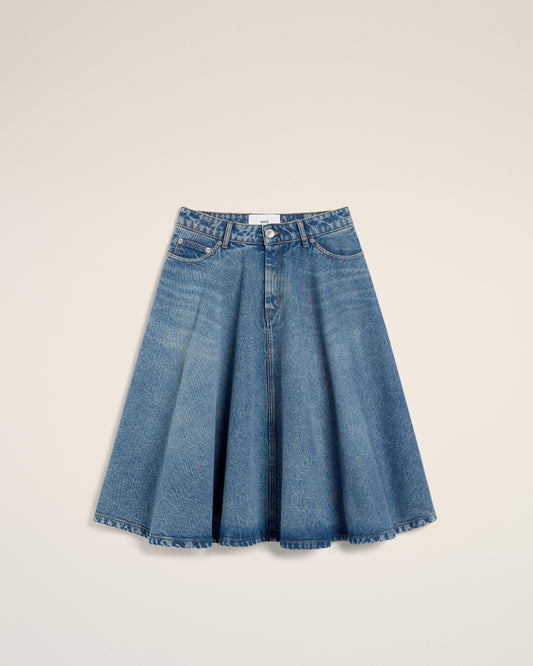 Blue Cotton Midi Skirt With Godets