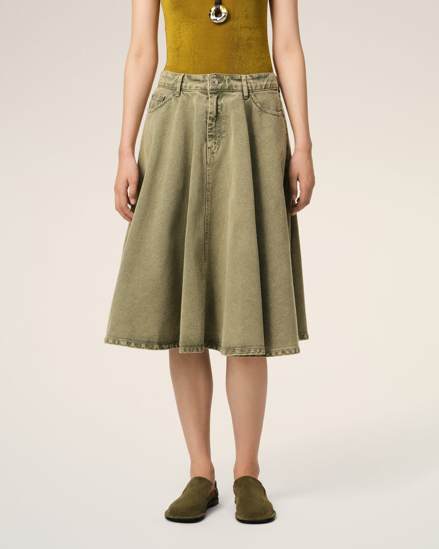 Green Cotton Midi Skirt With Godets