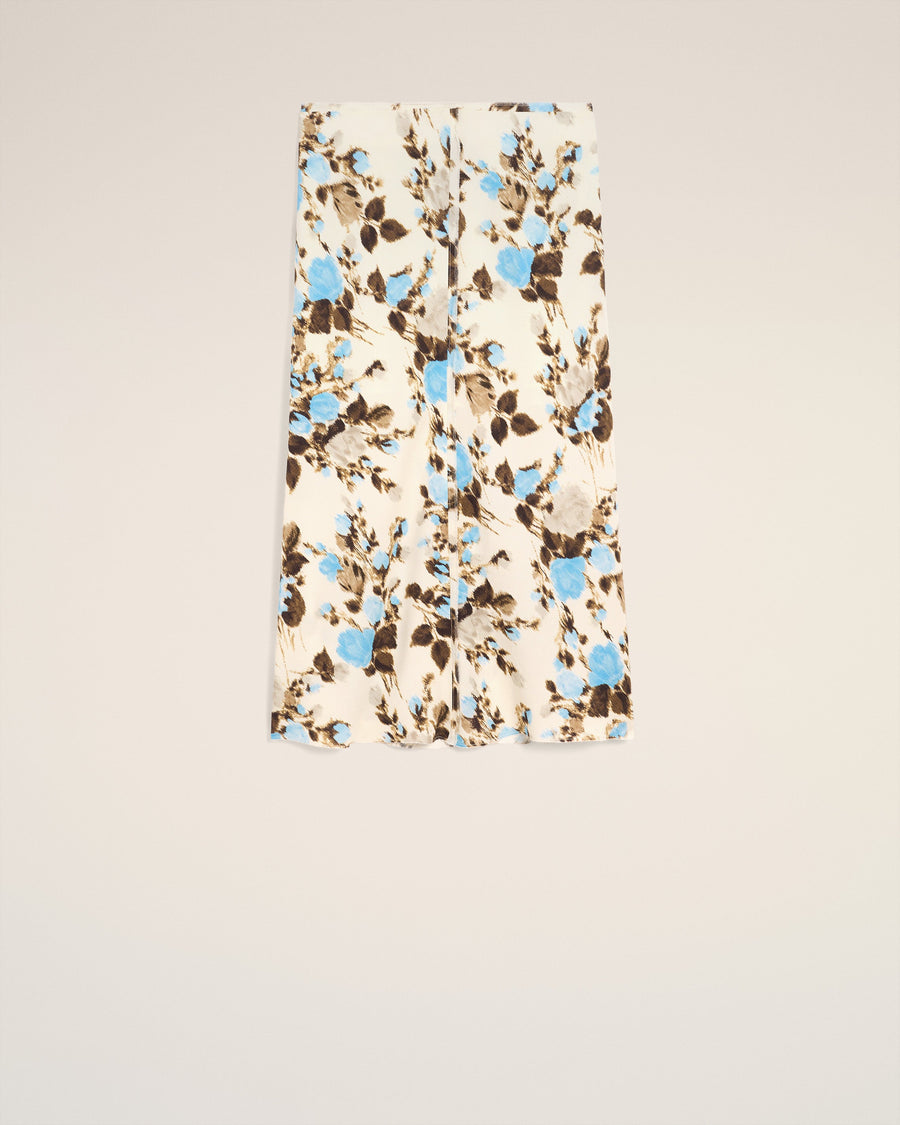 Blue Flower Printed  Raw Edges Details Midi Skirt