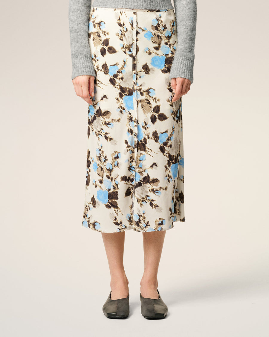 Blue Flower Printed  Raw Edges Details Midi Skirt