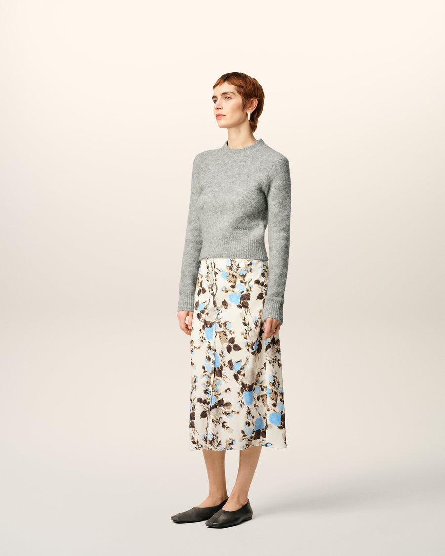 Blue Flower Printed  Raw Edges Details Midi Skirt