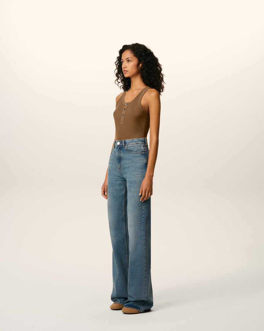 Brown Jersey Tanktop With Buttoned Placket