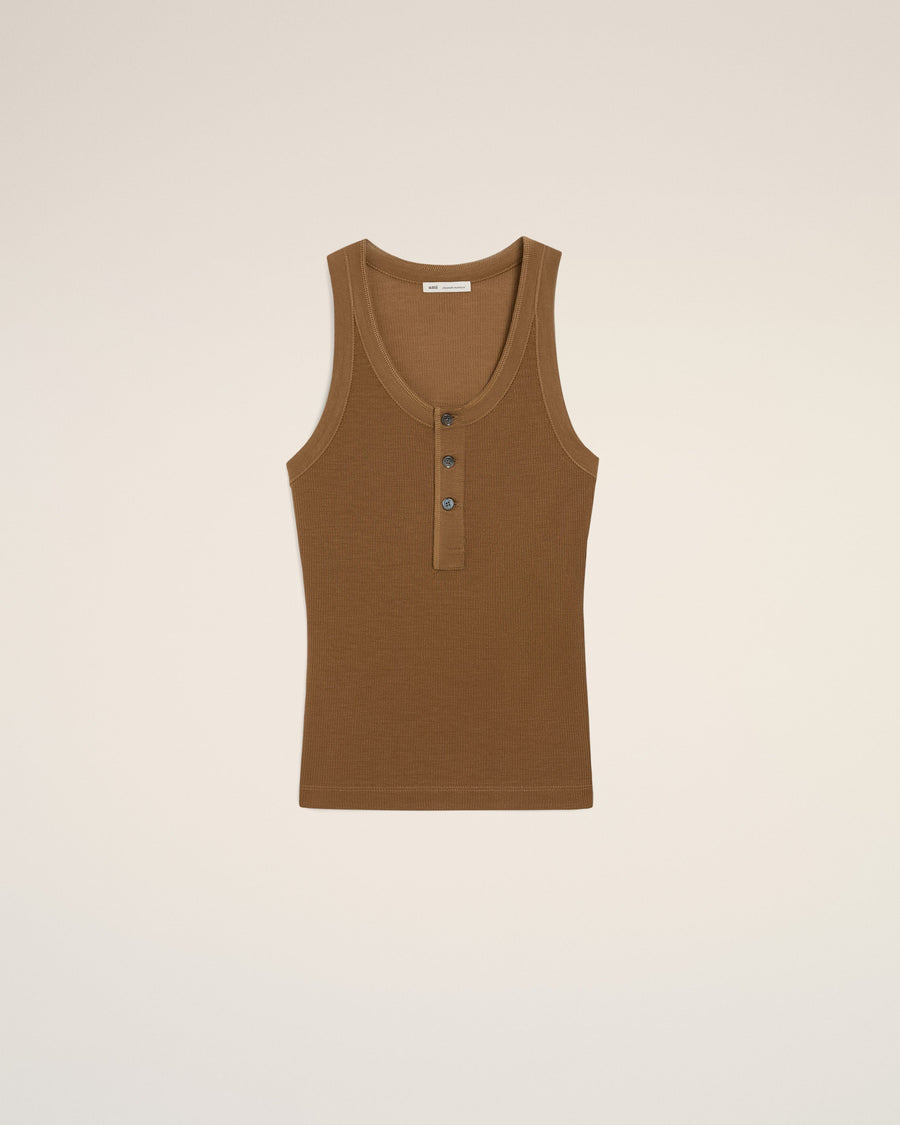 Brown Jersey Tanktop With Buttoned Placket
