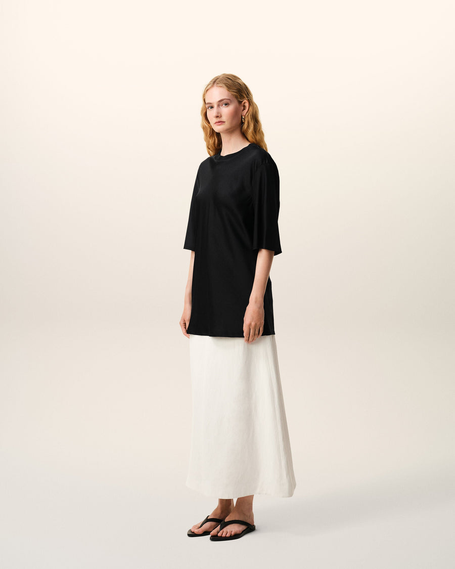 Black Satin Short Sleeves Rib Detail T-shirt