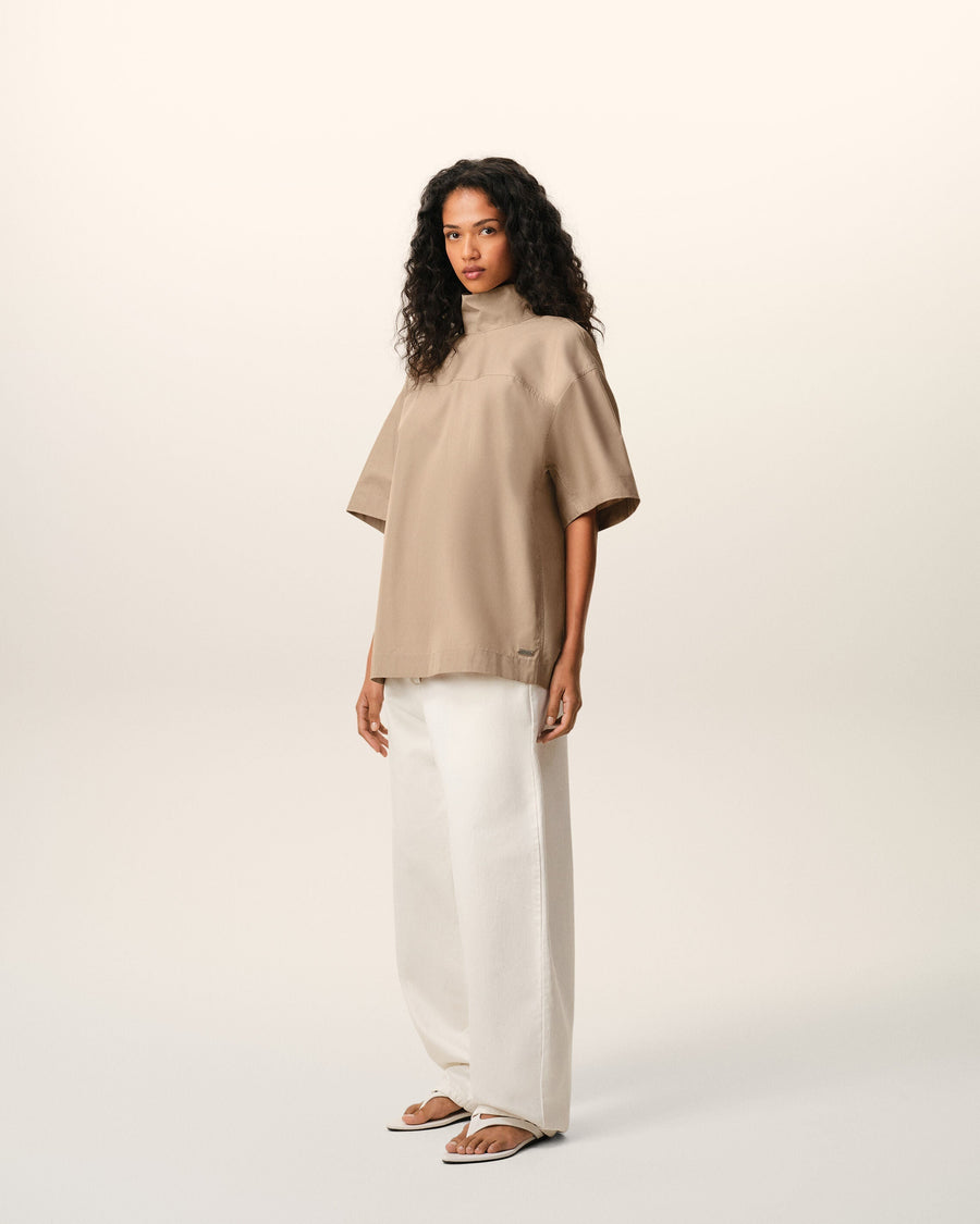Beige Cotton Stand Up Collar Buttoned Top